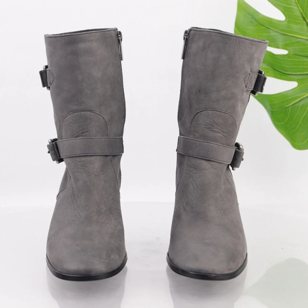 Michael Kors Womens Ashton Boots Size 7.5 Gray Leather Block Heel Bootie Buckles
